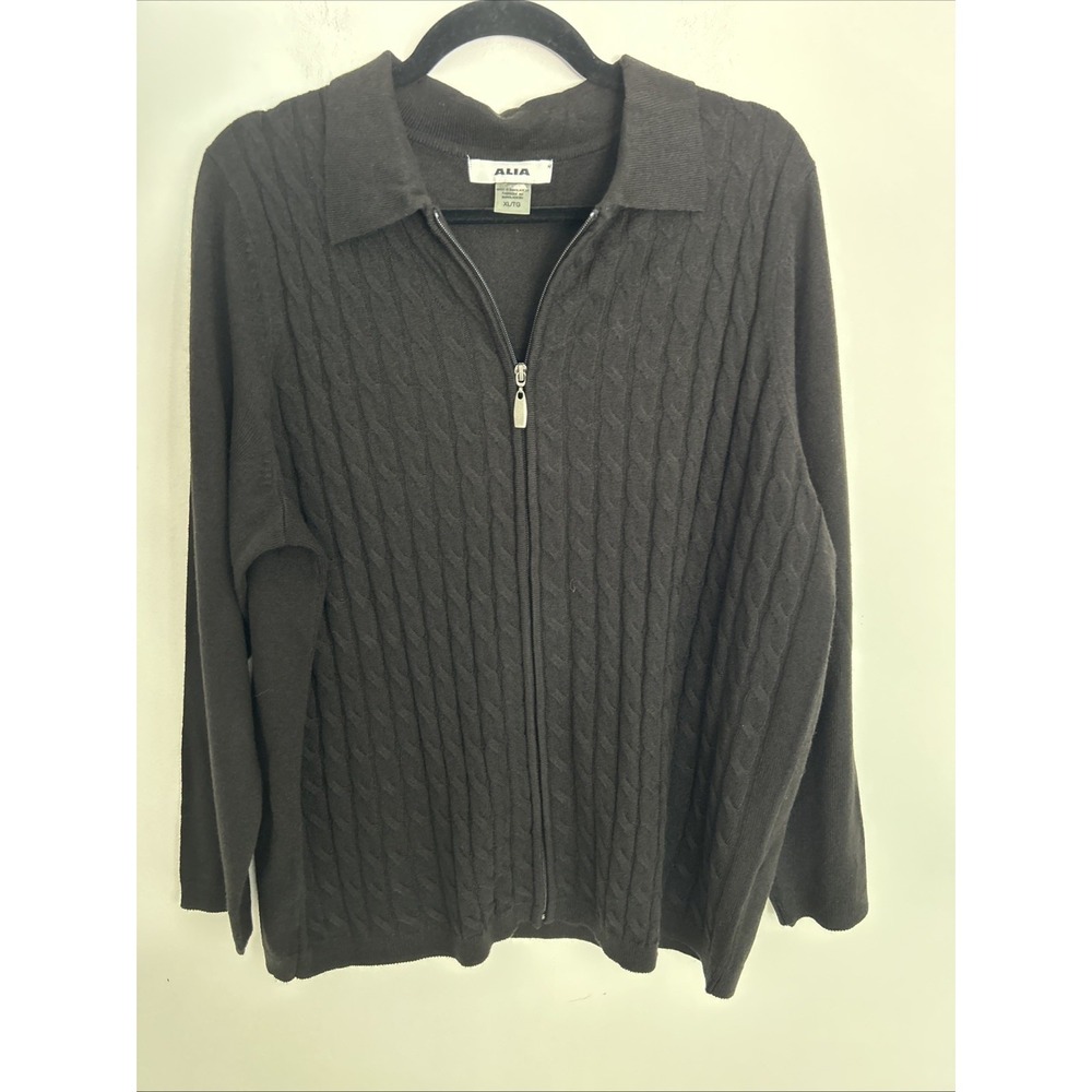 Alia Women's XL /TG‎ Textured Zip Up Black Long Sleeve 100% Acrylic Light Weight
